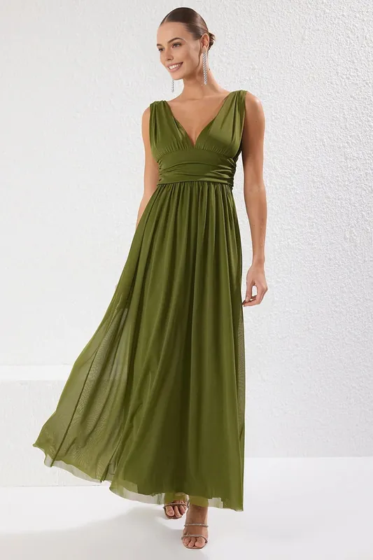 Flowy V Neck Maxi Evening Dress with Gathered Waist Detail - WOVCOR