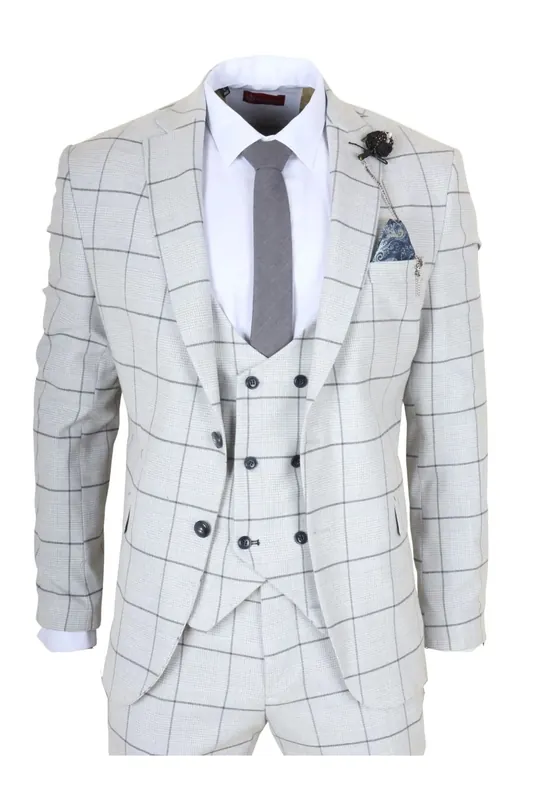 3 Piece Tailored Fit Suit Plaid Check Double-Breasted Waistcoat