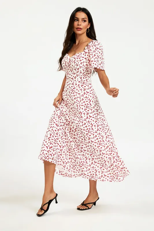 Floral Sweetheart Neck Ruched Bust Midi Dress - FS Collection