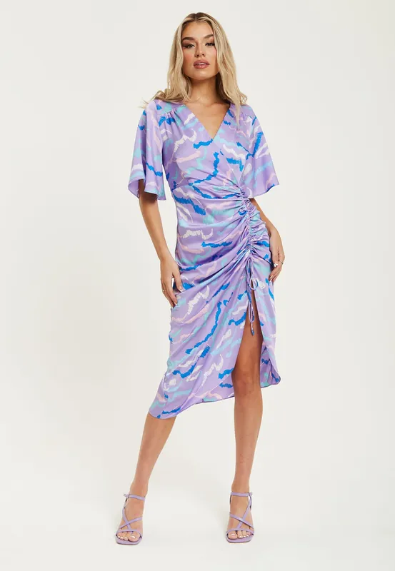 Midi Wrap Dress With Abstract Zebra Print in Lilac - Liquorish