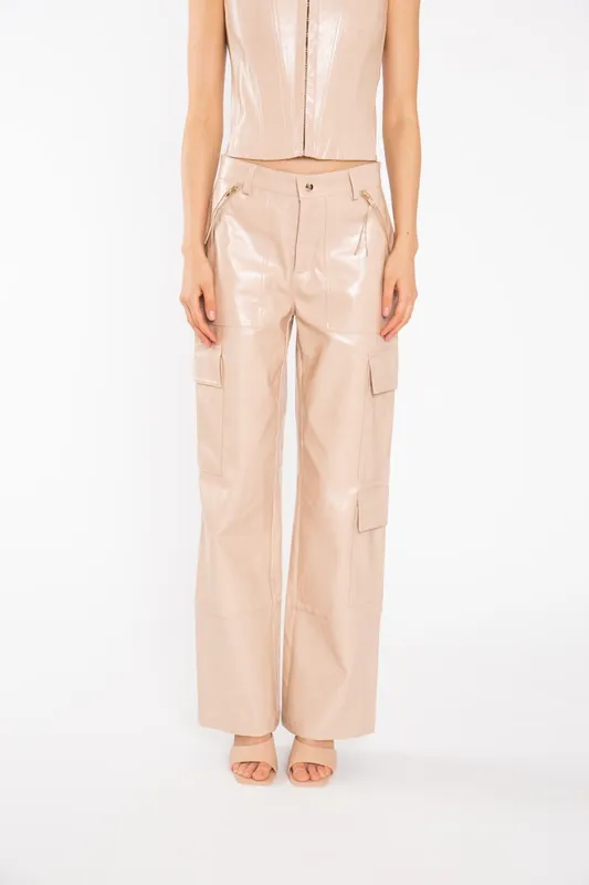 PU Wide-Leg Cargo Pants