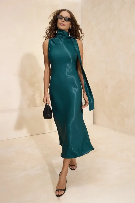 Scarf Neck Satin Sleeveless Slip Midi Dress - WOVCOR