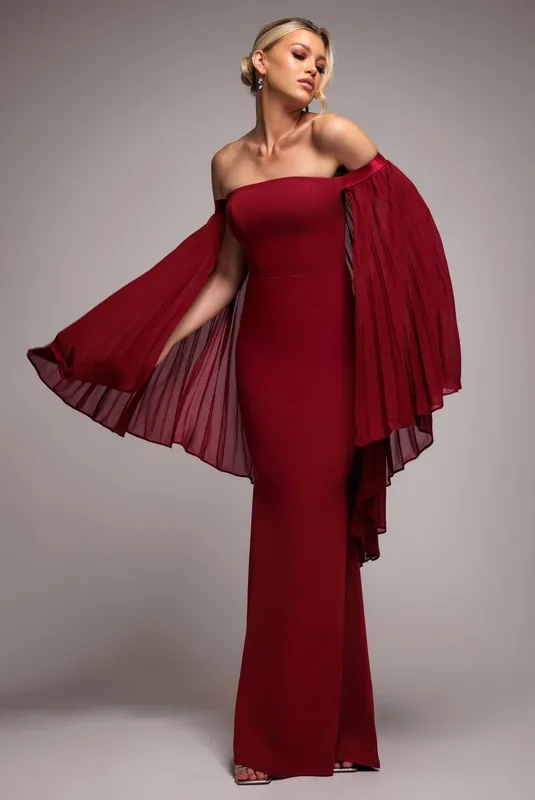 Strapless Maxi Dress With Pleated Chiffon Cape - Goddiva