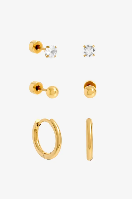 Gold Plated Waterproof Basic Earrings - Pack of 3