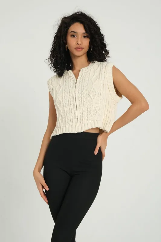Round Neck Cable Knitted Zippered Waistcoat - Hiccup