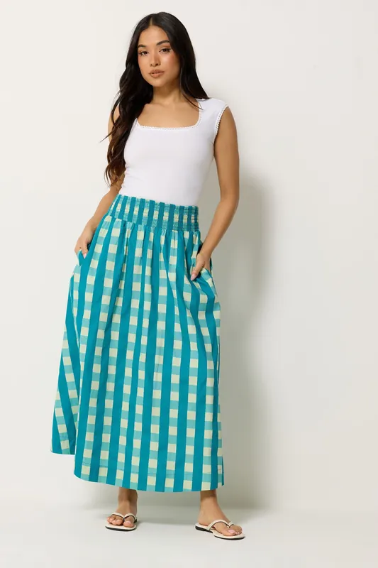 Petite Check Cotton Shirred Midi Skirt - PixieGirl
