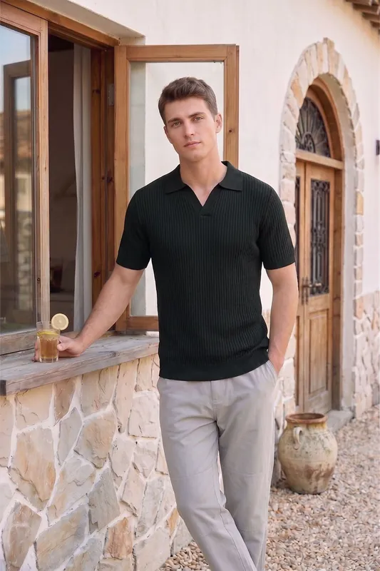 Ribbed Knit Polo Shirt with Open Collar - MODISHION
