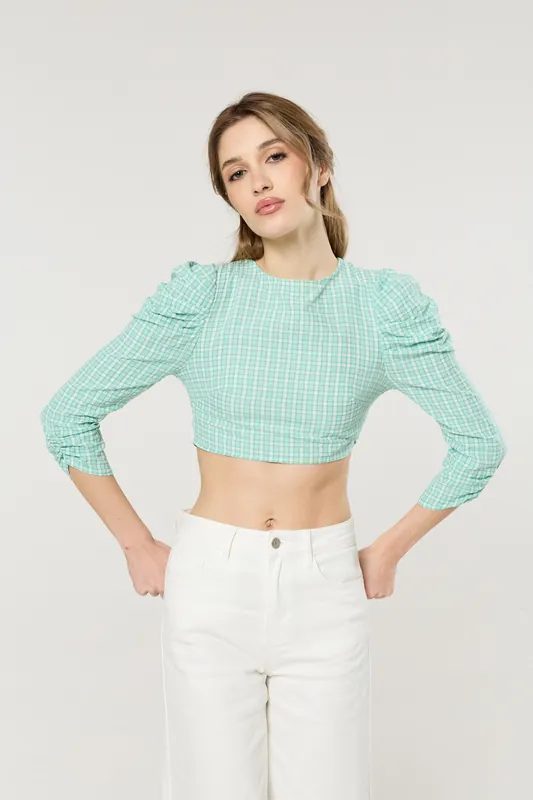 Green Gingham Open Back Tie Crop Top - Liquorish