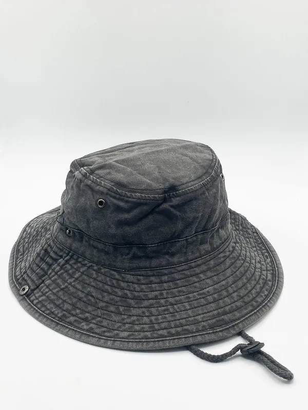 Grey Distressed Denim Safari Bucket Hat with Toggle Adjuster - SVNX