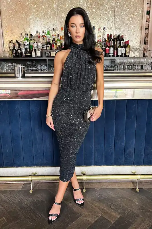 Black Metallic Sparkle Halter Neck Ruched Midi Dress - AX Paris