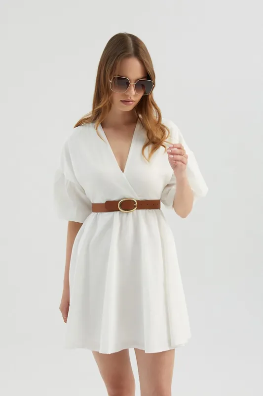 V Neck Puff Sleeves Mini Dress with a Belt Detail - Hiccup