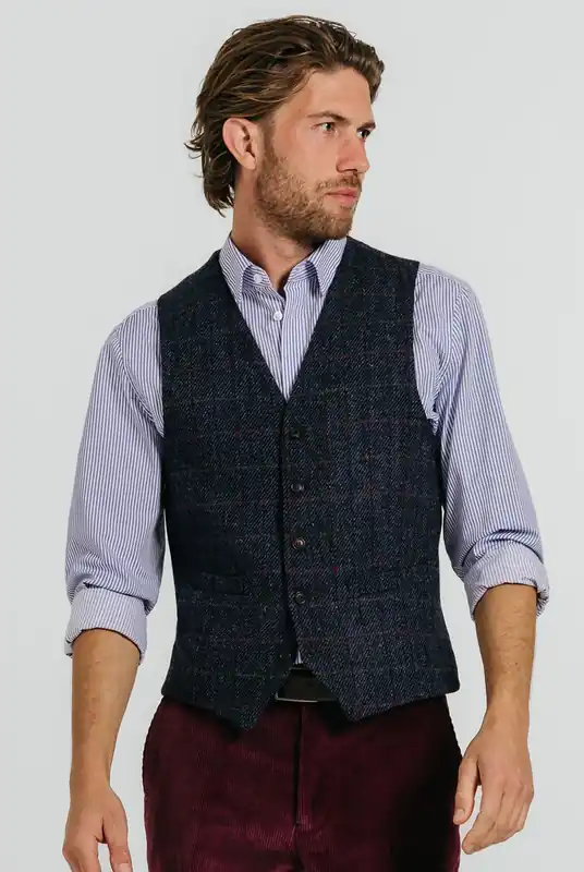 Dark Blue Windowpane Check Harris Tweed Waistcoat - Dobell