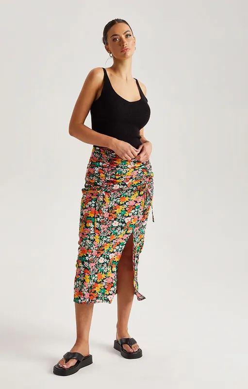 Floral Ruched Midi Skirt - Urban Bliss