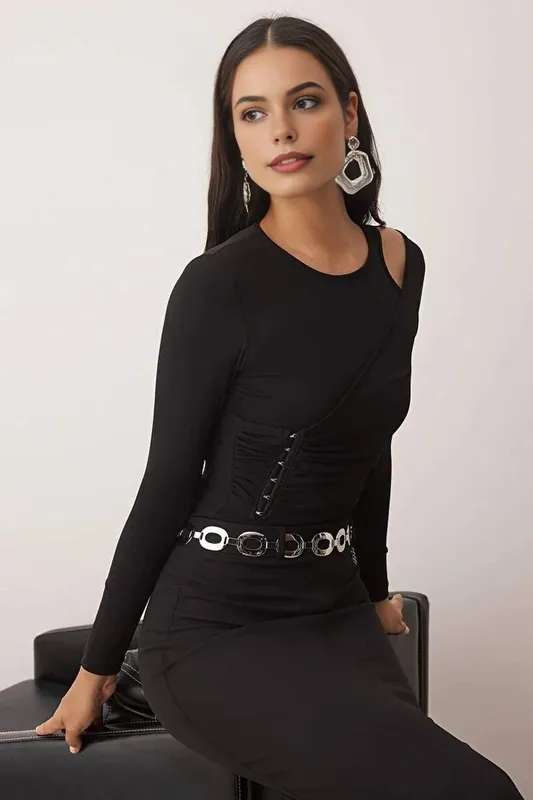 Asymmetric Collar Hook Detail Knit Bodysuit for Parties - WOVCOR