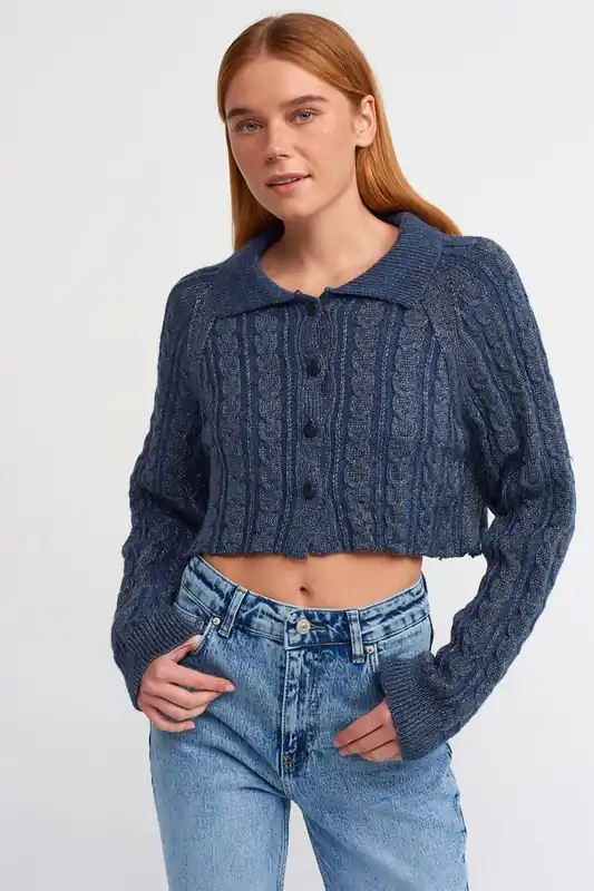 Crop Cable-Knit Button Cardigan