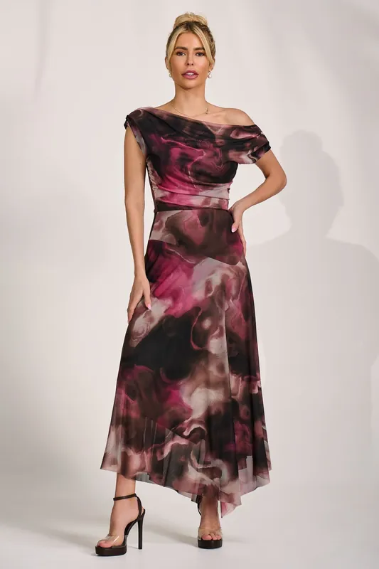 Asymmetrical Draped Mesh Maxi Dress - Jolie Moi