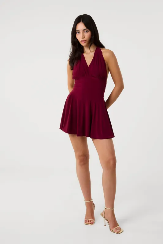 Wine Slinky Halter Mini Dress - Pink Vanilla