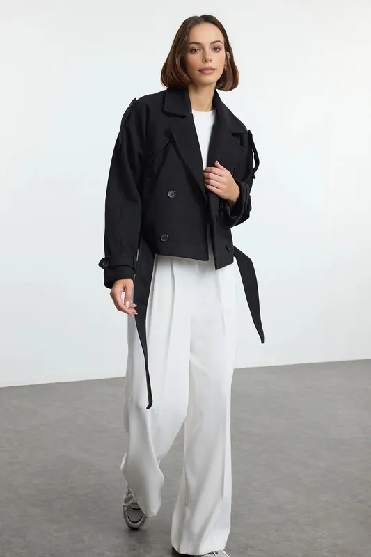 Double Breasted Belted Cropped Wool Look Jacket - WOVCOR