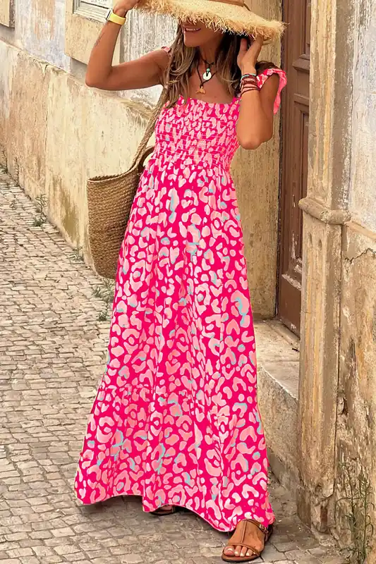 Pink Leopard Ruffle Straps Smocked High Waist Long Dress - Everyday The Label