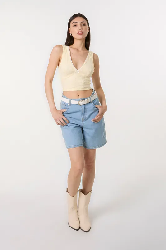 Lemon V Neck Lace Crop Top - Pink Vanilla