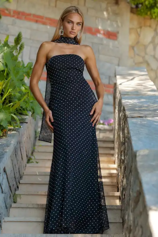 Polka Dot Strapless Maxi Dress with Scarf Detail - Hiccup