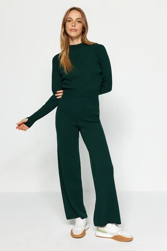Ribbed Knit Top & Wide Leg Pants Two Piece Set - WOVCOR