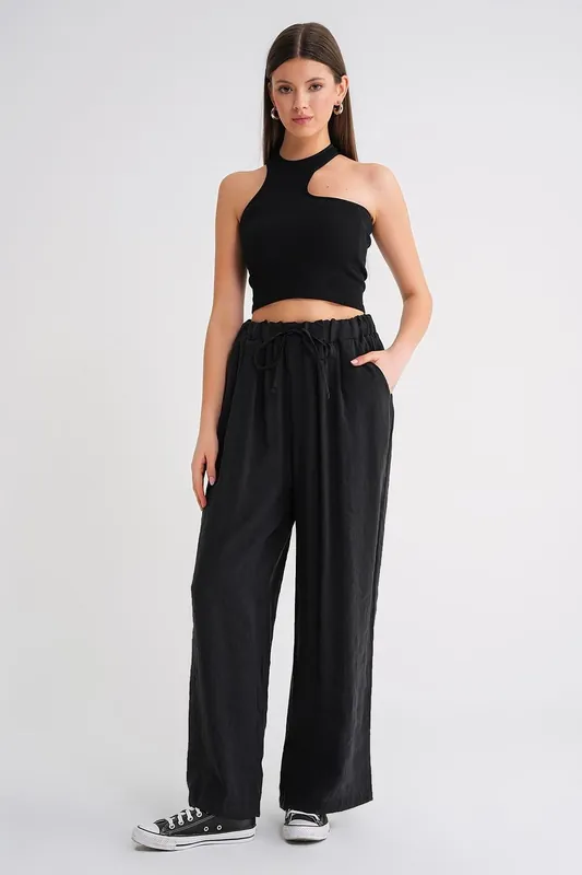 High Waist Modal Pleated Palazzo Pants with Drawstring - MixRay