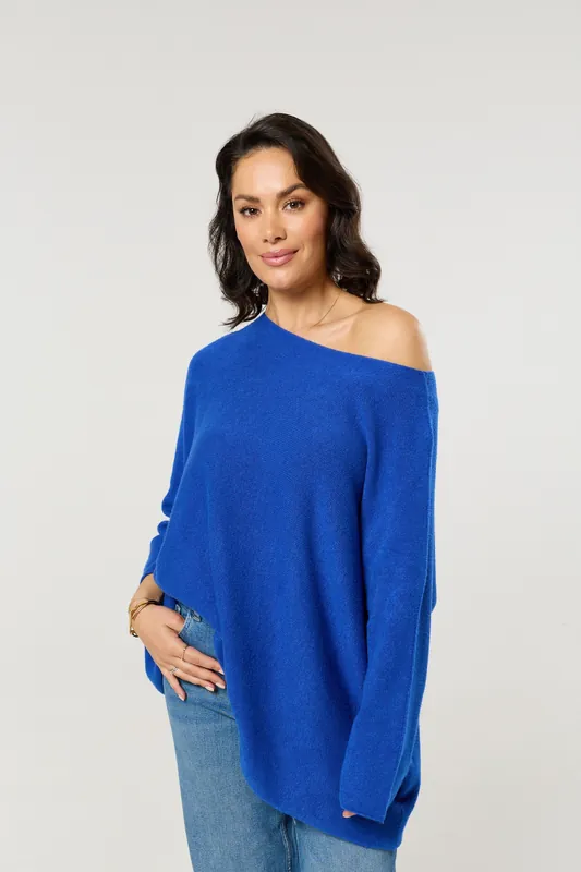 Dark Blue Off Shoulder Relaxed Knit Jumper - Liquorish