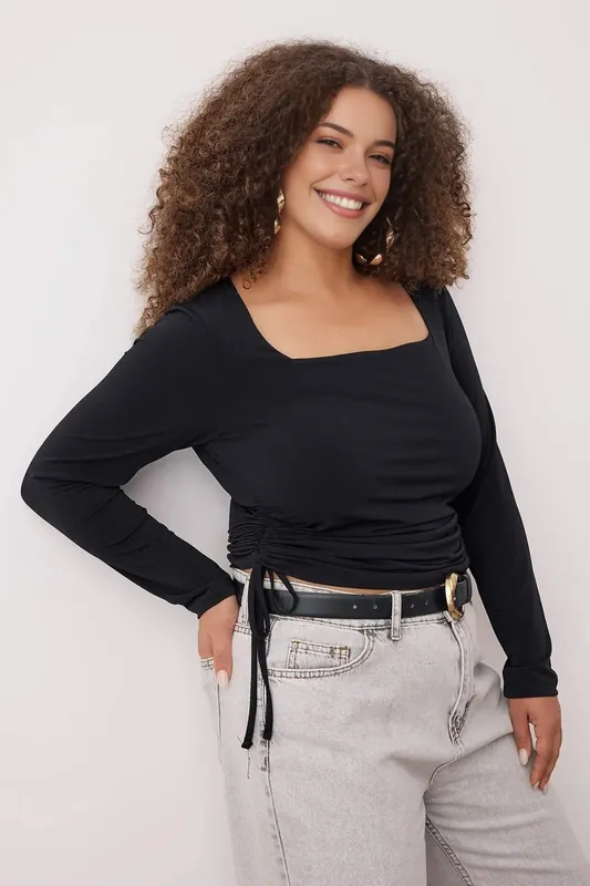 Square Neck Ruched Detail Long Sleeve Fitted Top - WOVCOR