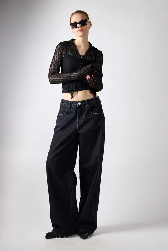 Black Lace Long Sleeve Collar Top - Shnoo