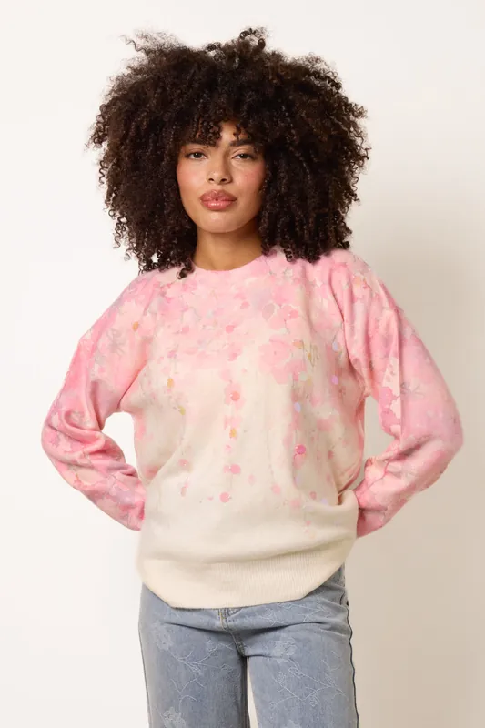 Pink Floral Printed Jumper with Disc Sequin Detailing - Blue Vanilla