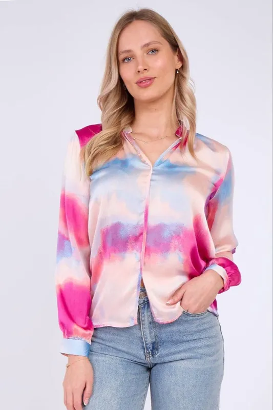 Pink Pastel Tie Dye Print Satin Blouse - Love Sunshine