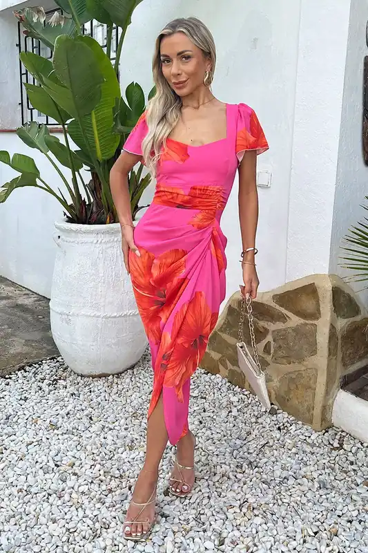 Pink And Orange Floral Print Flutter Sleeve Gathered Midi Dress - AX Paris