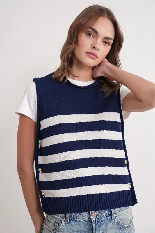 Striped Knit Top with Button Detail - MixRay