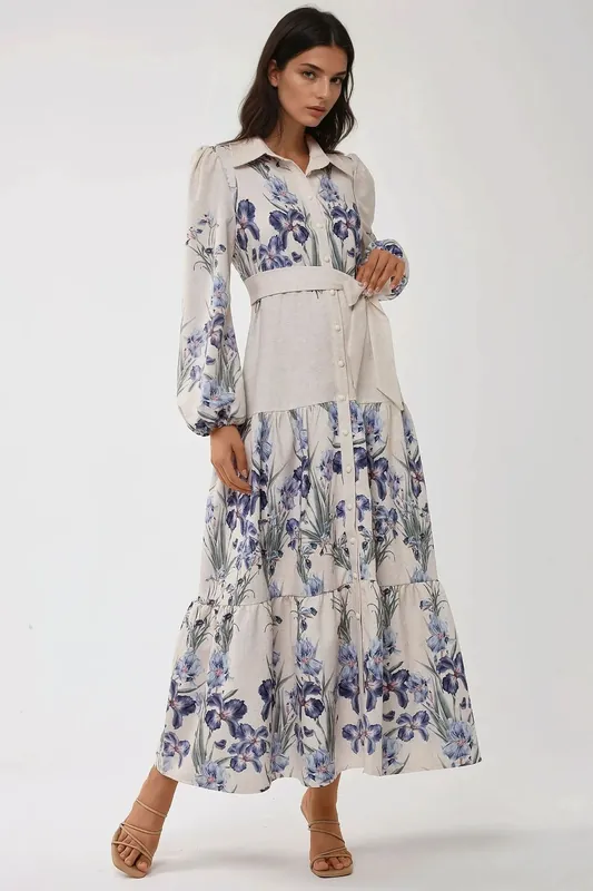 Floral Print Maxi Dress with Shirt Collar - Hiccup