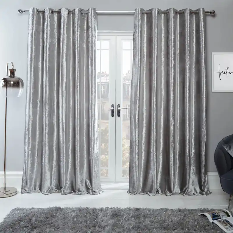Ready Made Eyelet Crushed Velvet Curtains, Silver - OHS