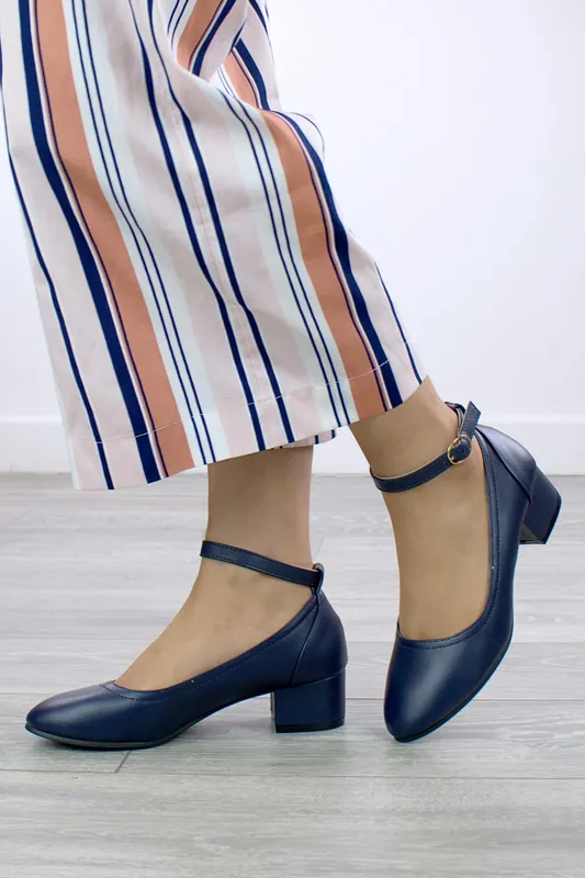 Mid Block Heel Ankle Strap Buckle Comfort Court Shoes - AJVANI