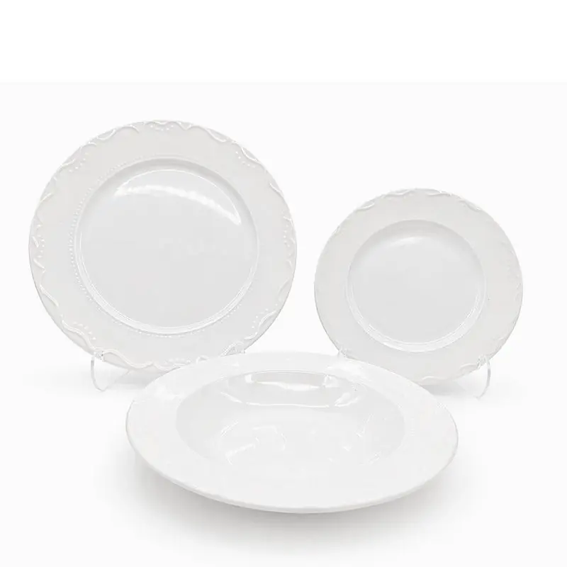 Dinner Set Porcelain White Embossed Floral Dot Rim Plates Bowls 18pc - Glim & Glam