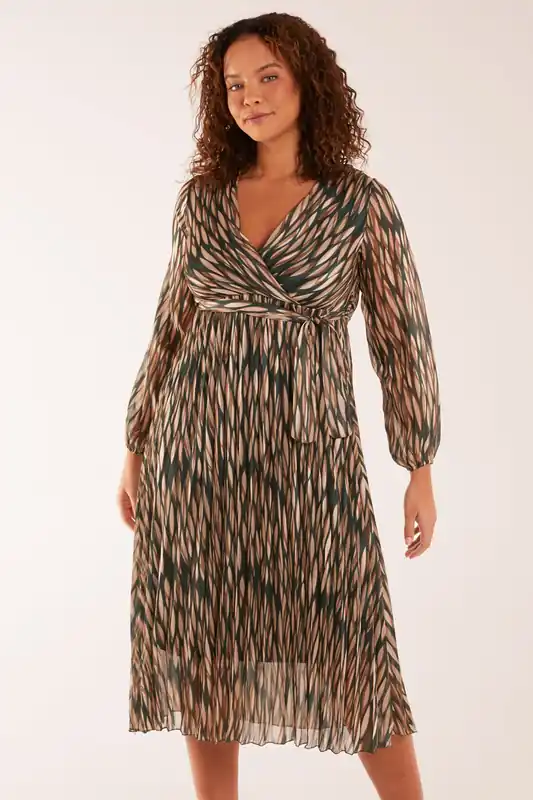 Wrap Over Metallic Vertical Print Dress - Blue Vanilla
