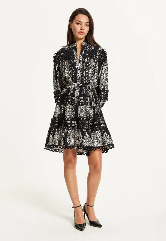 Black Embroidered Lace Mini Dress - Liquorish