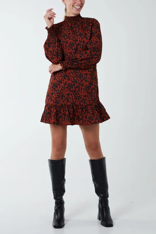 Abstract Print High Neck Mini Smock Dress - Blue Vanilla