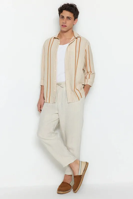 Men’s Regular Fit Textured Linen Striped Shirt - WOVCOR
