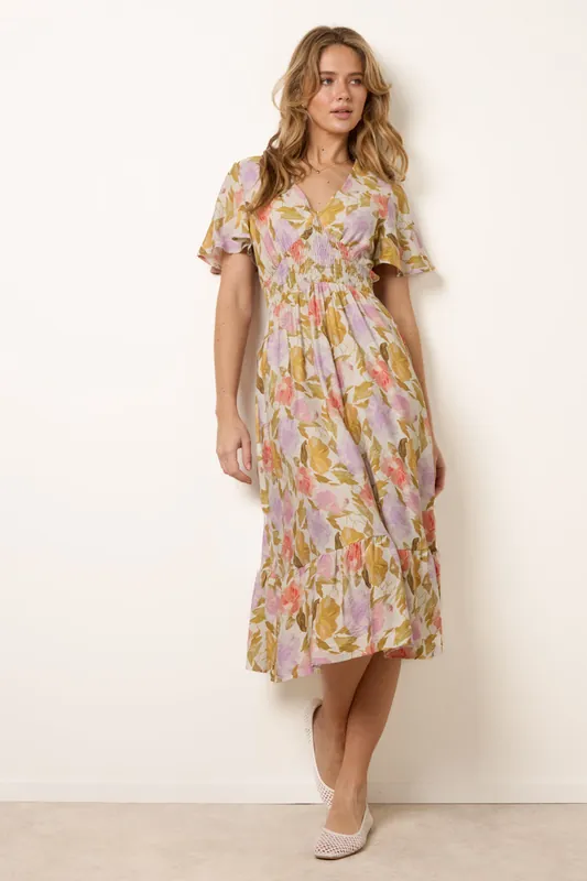 Multi Floral Print Angel Sleeve Midi Dress - Blue Vanilla