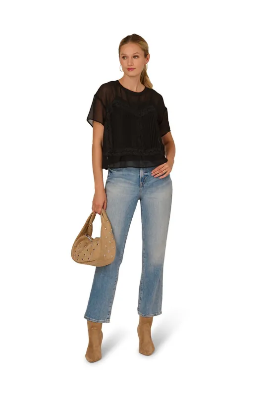 Crew Neck Pieced Sheer Lace Chiffon Top Cami Lining - Adrianna Papell
