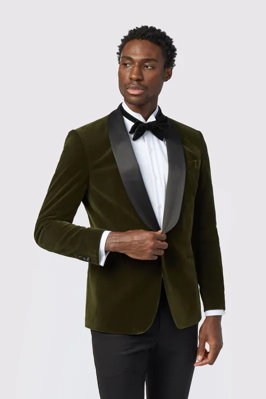 Olive Green Velvet Slim Fit Jacket - Antique Rogue