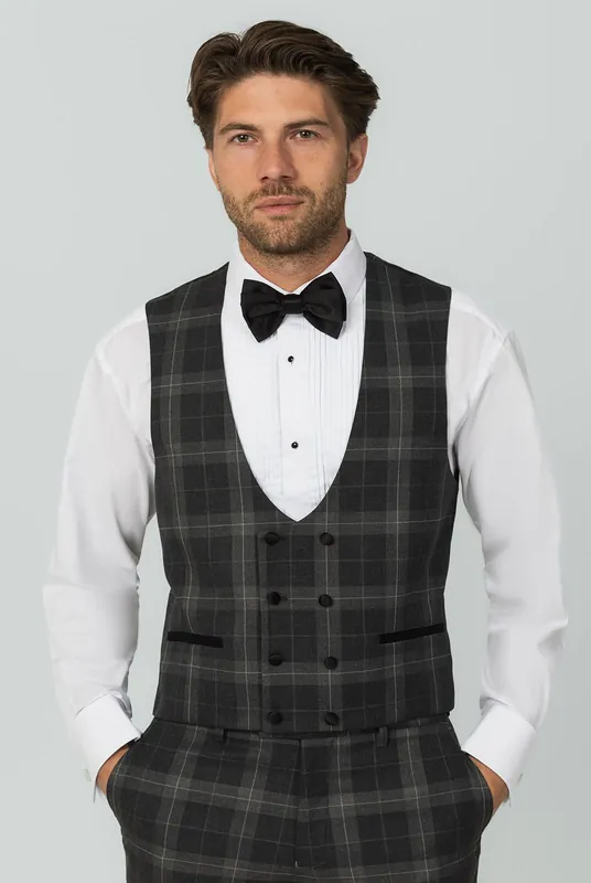 Grey Tartan Check Double Breasted Horseshoe Waistcoat - Dobell