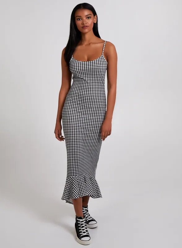 Gingham Frill Hem Midi Dress - Pink Vanilla