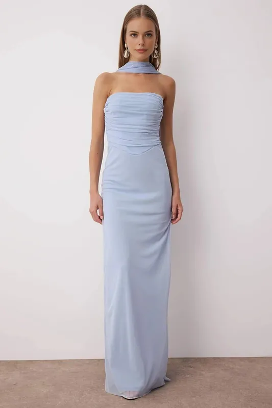 Shawl Detail Draped Knit Maxi Evening Dress - WOVCOR