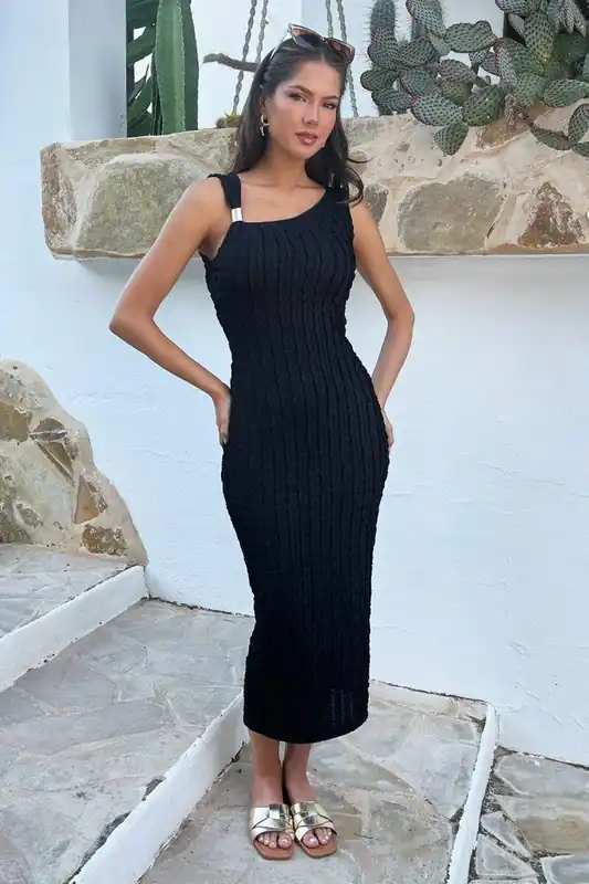 Black Textured Asymmetric Neckline Bodycon Midi Dress - AX Paris