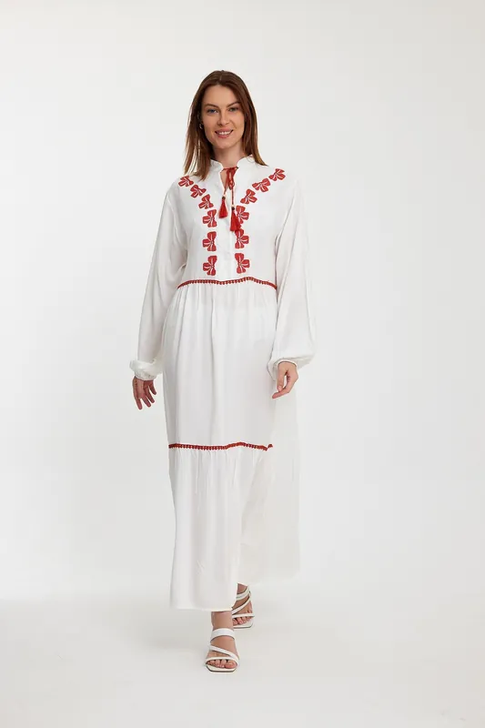 Embroidered Tiered Maxi Dress with Tassel Detail in White - Belissh
